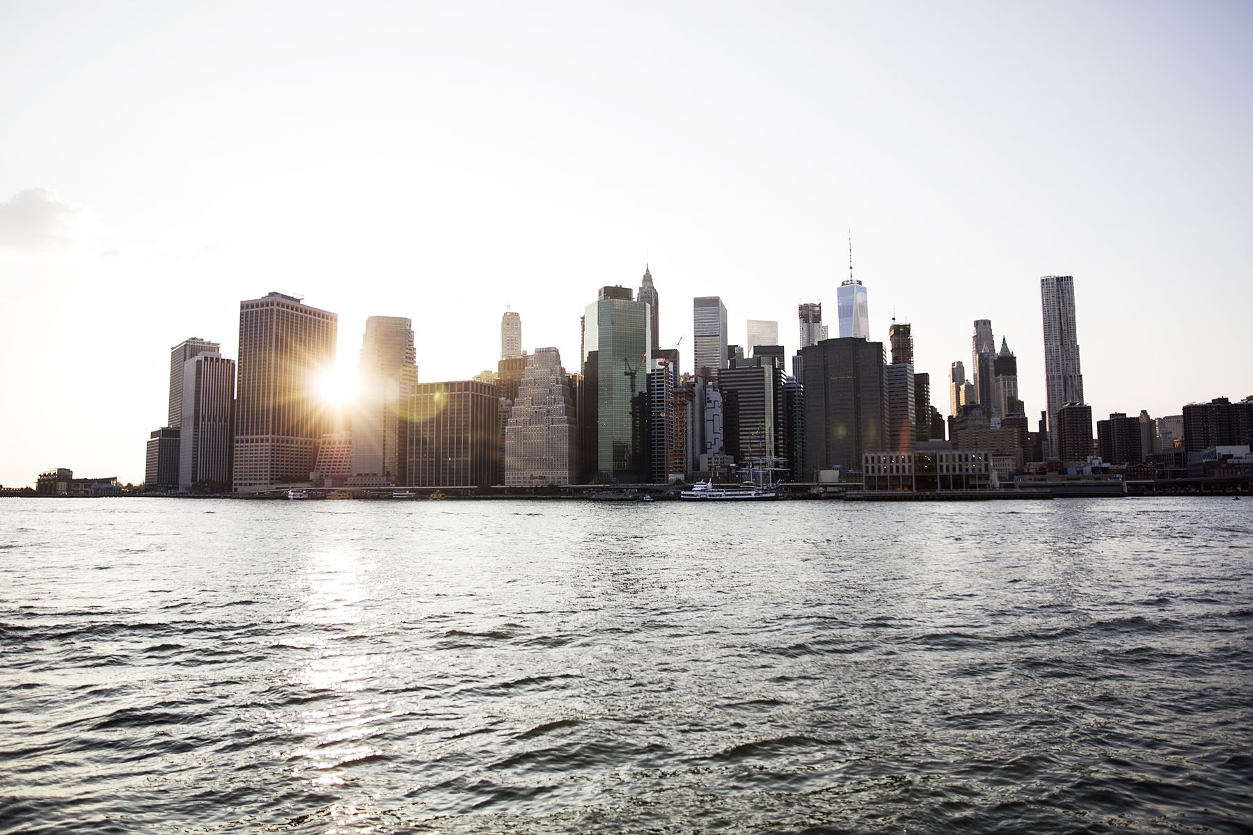City skyline across the water at sunset